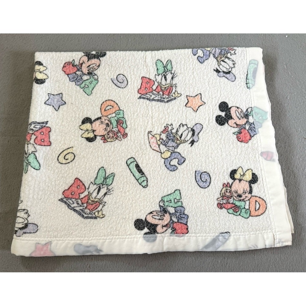 VTG DISNEY BABIES Mickey Minnie Donald Pluto Crib Blanket Satin Trim DUNDEE USA
